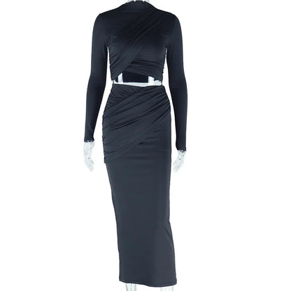 SML Solid Round Neck Irregular Long Sleeved Open Navel Top Casual Half Skirt 2-piece Set Fashion Set