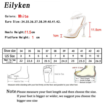 Eilyken New Women Sandals 2025 Summer Sexy Perspex Crystal High Heels Party Wedding Shoes Square Toe Pearls String Bowknot Pumps