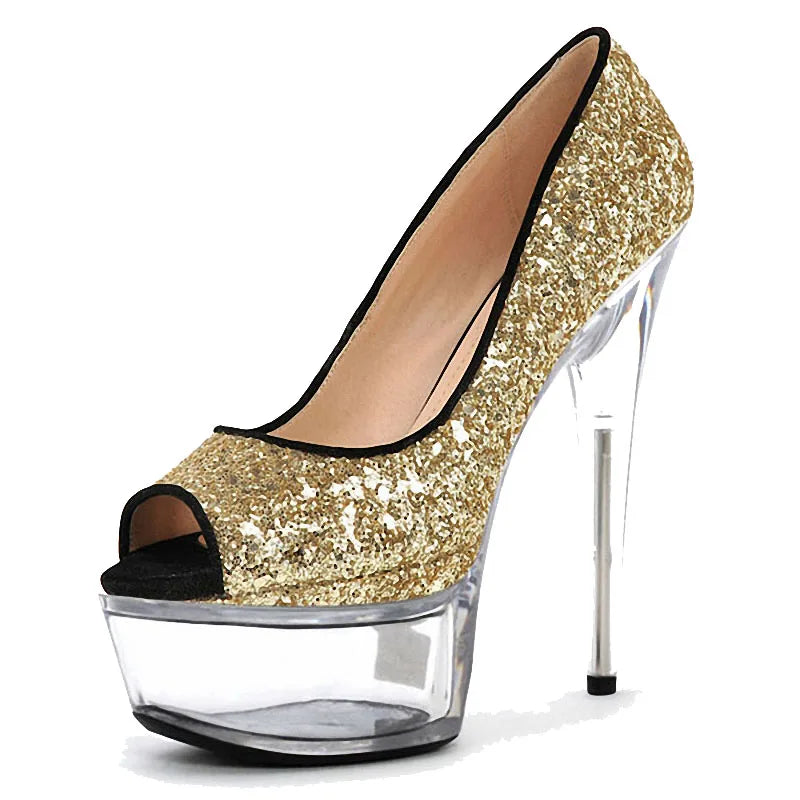 New Sequin Gold Fine Heel Crystal Platform 15 cm Banquet Fashion High Heels Women's Leaky Toe High Heels