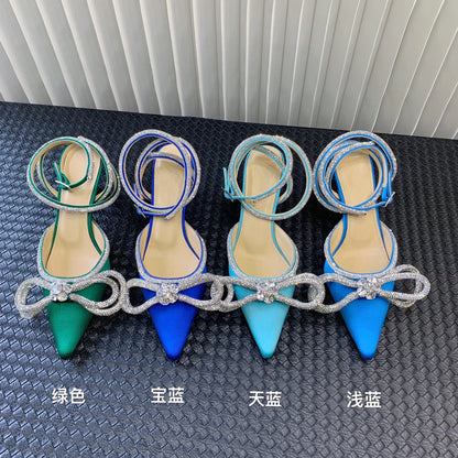 New Upgrade 2022 Fashion Brand Ribbon Bow in Jeweled Crystal Ladies Sandals Shoes Party Women's Heels Shoes