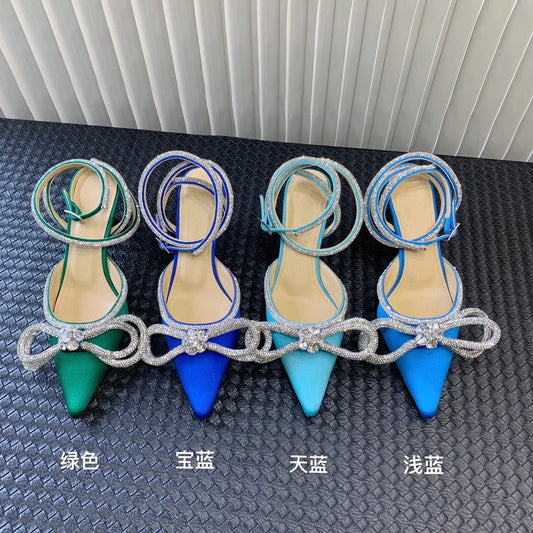 New Upgrade 2022 Fashion Brand Ribbon Bow in Jeweled Crystal Ladies Sandals Shoes Party Women's Heels Shoes