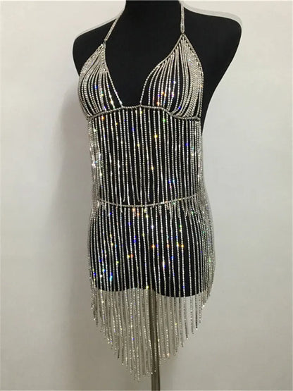 Women's Nightclub Dresses Sexy Tassel Metal Bright Diamond Body Jewelry Dress Crystal Body Chains Dress