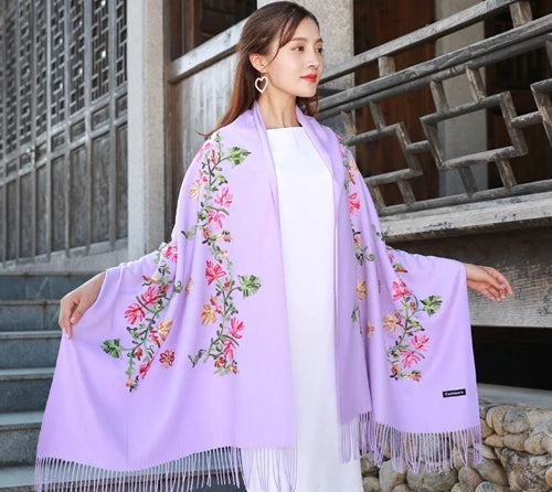 New Black Embroider Flower Pashmina Cashmere Scarf For Women Winter Warm Fine Tassels Scarf Shawl Fashion Shawl Scarves