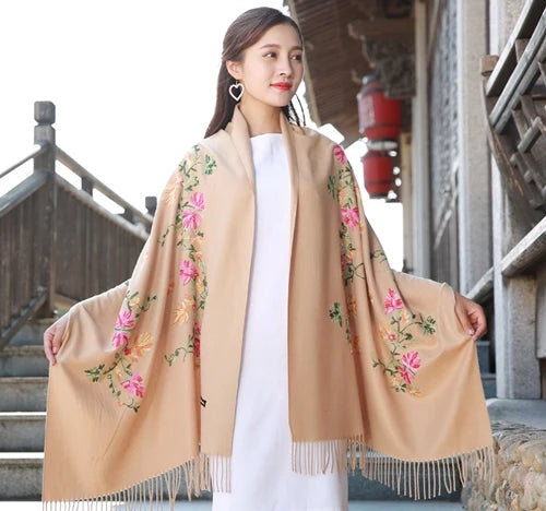 New Black Embroider Flower Pashmina Cashmere Scarf For Women Winter Warm Fine Tassels Scarf Shawl Fashion Shawl Scarves