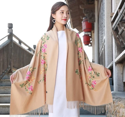 New Black Embroider Flower Pashmina Cashmere Scarf For Women Winter Warm Fine Tassels Scarf Shawl Fashion Shawl Scarves
