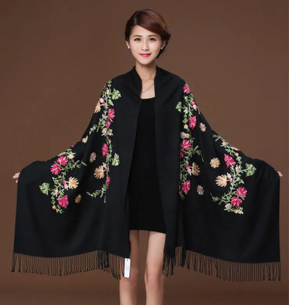 New Black Embroider Flower Pashmina Cashmere Scarf For Women Winter Warm Fine Tassels Scarf Shawl Fashion Shawl Scarves