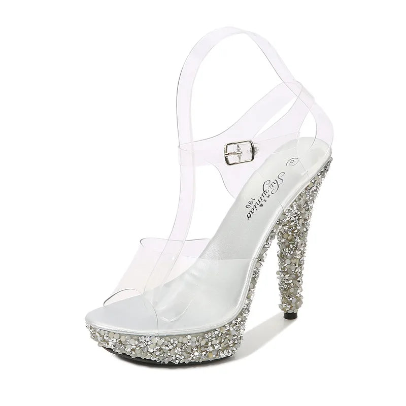 The Latest Pole Dance High Heels Transparent Diamond Crystal 13 cm Sandals Platform Leaky Toe Shallow Mouth Summer Sandals
