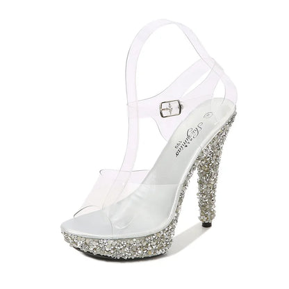 The Latest Pole Dance High Heels Transparent Diamond Crystal 13 cm Sandals Platform Leaky Toe Shallow Mouth Summer Sandals
