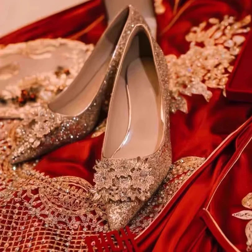 2025 Women's Stunning Gold Wedding Shoes Two-Way Bridal Crystal High Heels Engagement and Summer Wedding Shoes