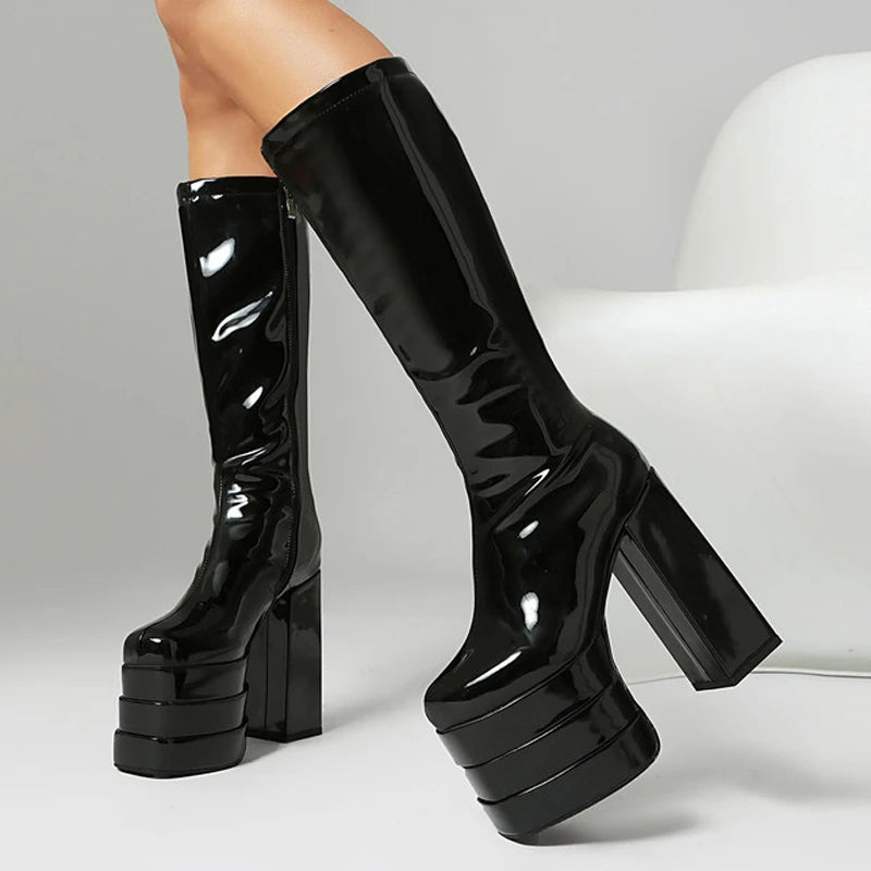 Wide Fit Big Size 46 Women Triple Layers Platform Knee High Boots Chunky Heels Square Toe Big Feet Shoes Long Booties