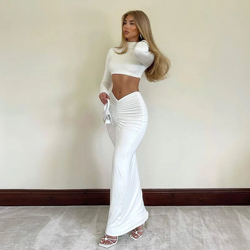 Liu Ming New Arrivals Elegant Women 2 Piece Long Sleeve Crop Tops and Ruched Long Pencil Skirts Set