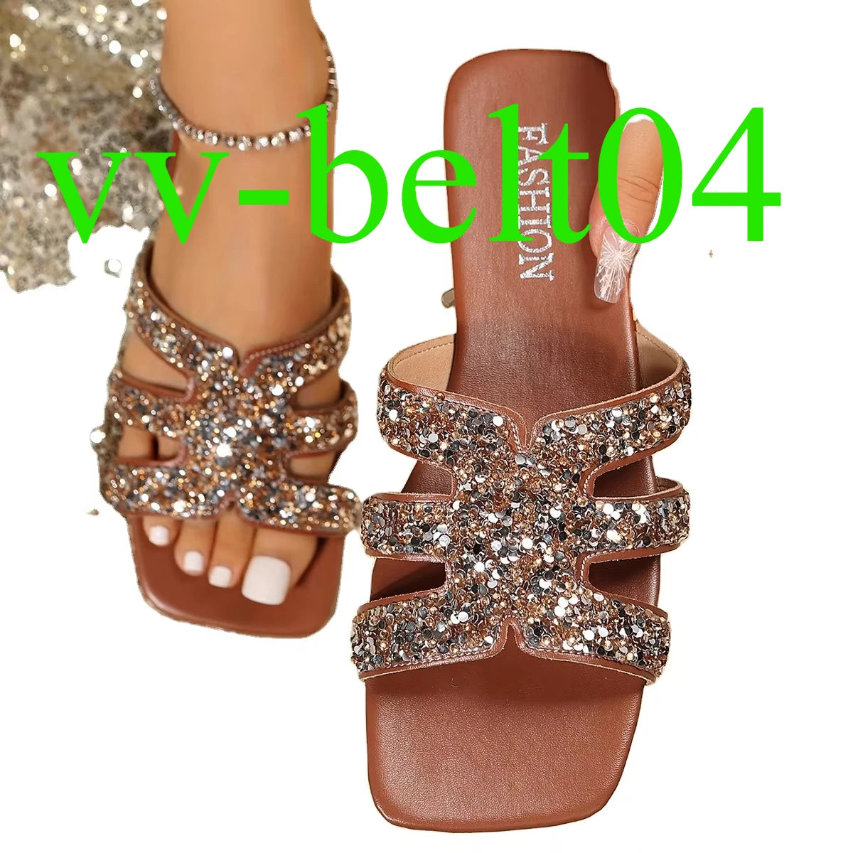 2024 New Yingyuan  Sequins Square Head Roman Style Sandals Flat slippers Z-261