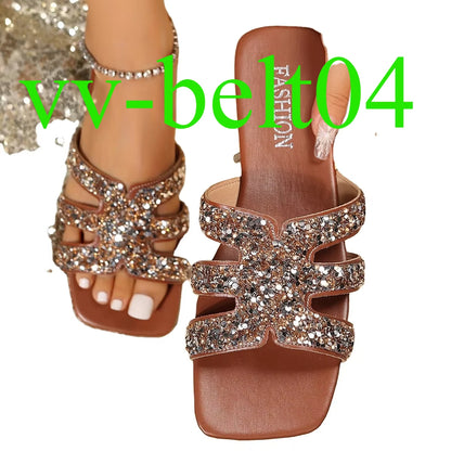 2024 New Yingyuan  Sequins Square Head Roman Style Sandals Flat slippers Z-261