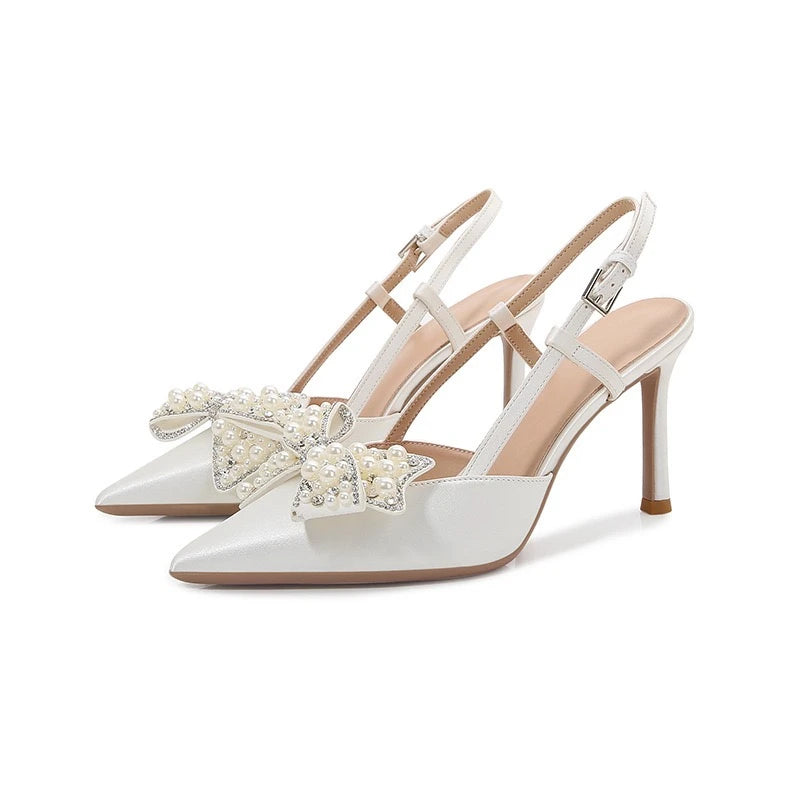 Detachable Wedding Shoes Zapatos Mujer Saltos Bow  Lace up Strappy Ankle Pearl Strap  White Wedding Heels for Bride