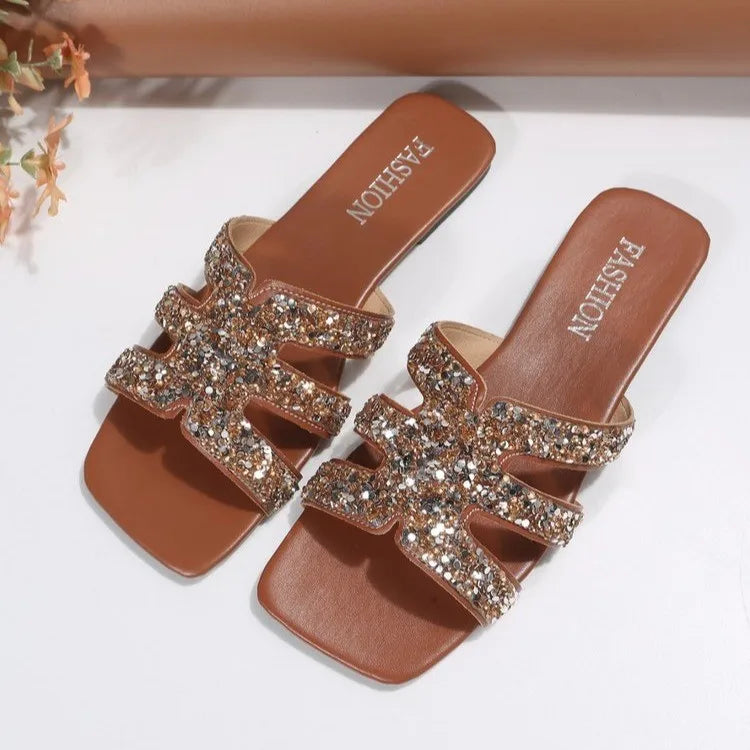 2024 New Yingyuan  Sequins Square Head Roman Style Sandals Flat slippers Z-261