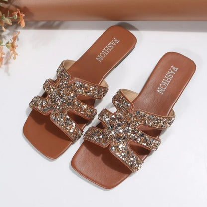 2024 New Yingyuan  Sequins Square Head Roman Style Sandals Flat slippers Z-261