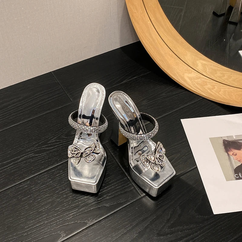 Runway Style Rhinestone Transparent Women's Super High Heels Slippers Square Toe Chunky Platform Shoes Sandals