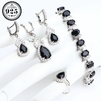 Natural Rainbow Jewelry Sets 925 Sterling Silver Stones Wedding Earrings For Women Stones Bracelet Necklace Rings Set Gifts Box