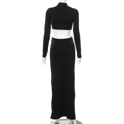 Liu Ming New Arrivals Elegant Women 2 Piece Long Sleeve Crop Tops and Ruched Long Pencil Skirts Set