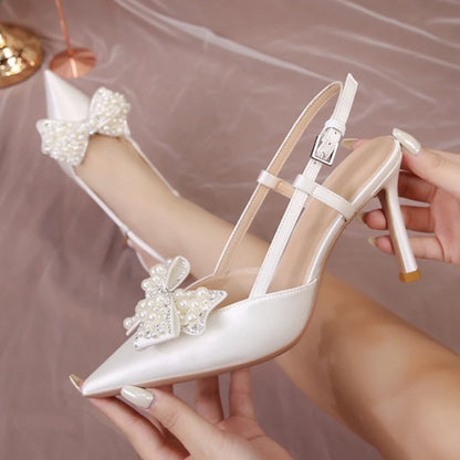 Detachable Wedding Shoes Zapatos Mujer Saltos Bow  Lace up Strappy Ankle Pearl Strap  White Wedding Heels for Bride