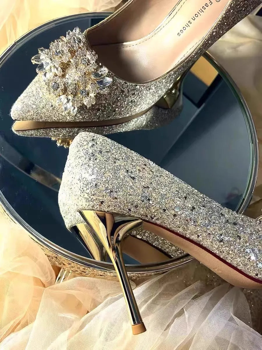 2025 Women's Stunning Gold Wedding Shoes Two-Way Bridal Crystal High Heels Engagement and Summer Wedding Shoes