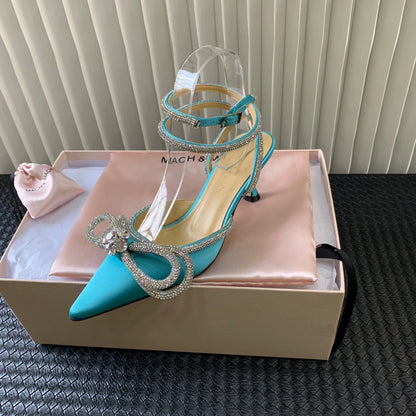 New Upgrade 2022 Fashion Brand Ribbon Bow in Jeweled Crystal Ladies Sandals Shoes Party Women's Heels Shoes