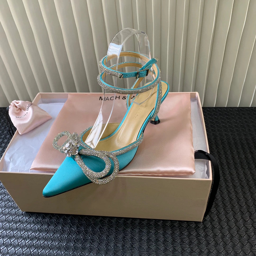 New Upgrade 2022 Fashion Brand Ribbon Bow in Jeweled Crystal Ladies Sandals Shoes Party Women's Heels Shoes
