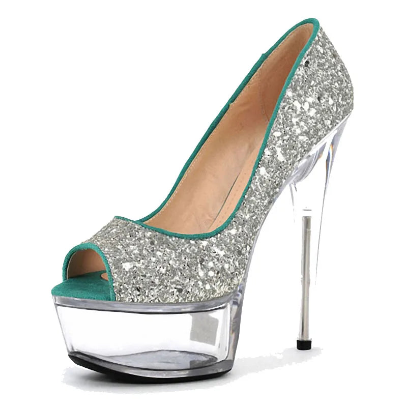 New Sequin Gold Fine Heel Crystal Platform 15 cm Banquet Fashion High Heels Women's Leaky Toe High Heels