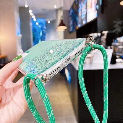 Luxury Bling Glitter Lanyard Silicone Phone Case For iPhone 17 16 15 14 13 12 11 Pro XS Max Plus Ultra-thin Necklace Rope Cover