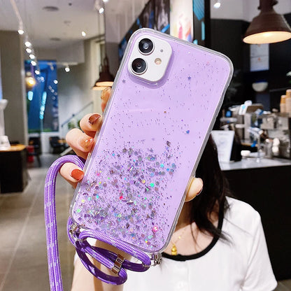 Luxury Bling Glitter Lanyard Silicone Phone Case For iPhone 17 16 15 14 13 12 11 Pro XS Max Plus Ultra-thin Necklace Rope Cover