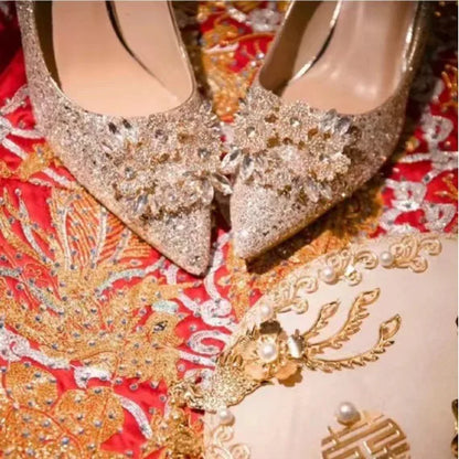 2025 Women's Stunning Gold Wedding Shoes Two-Way Bridal Crystal High Heels Engagement and Summer Wedding Shoes