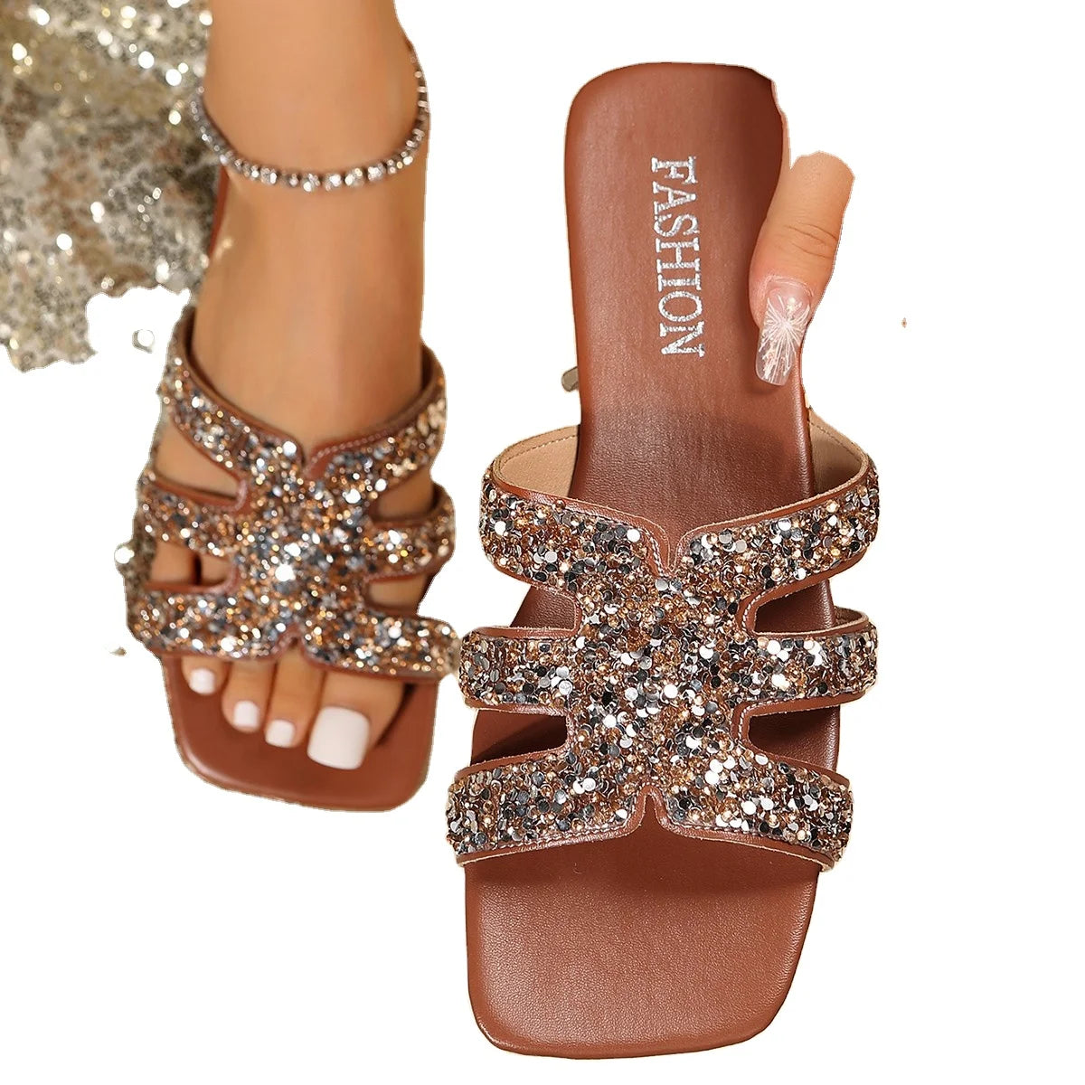 2024 New Yingyuan  Sequins Square Head Roman Style Sandals Flat slippers Z-261