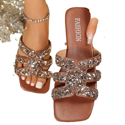 2024 New Yingyuan  Sequins Square Head Roman Style Sandals Flat slippers Z-261