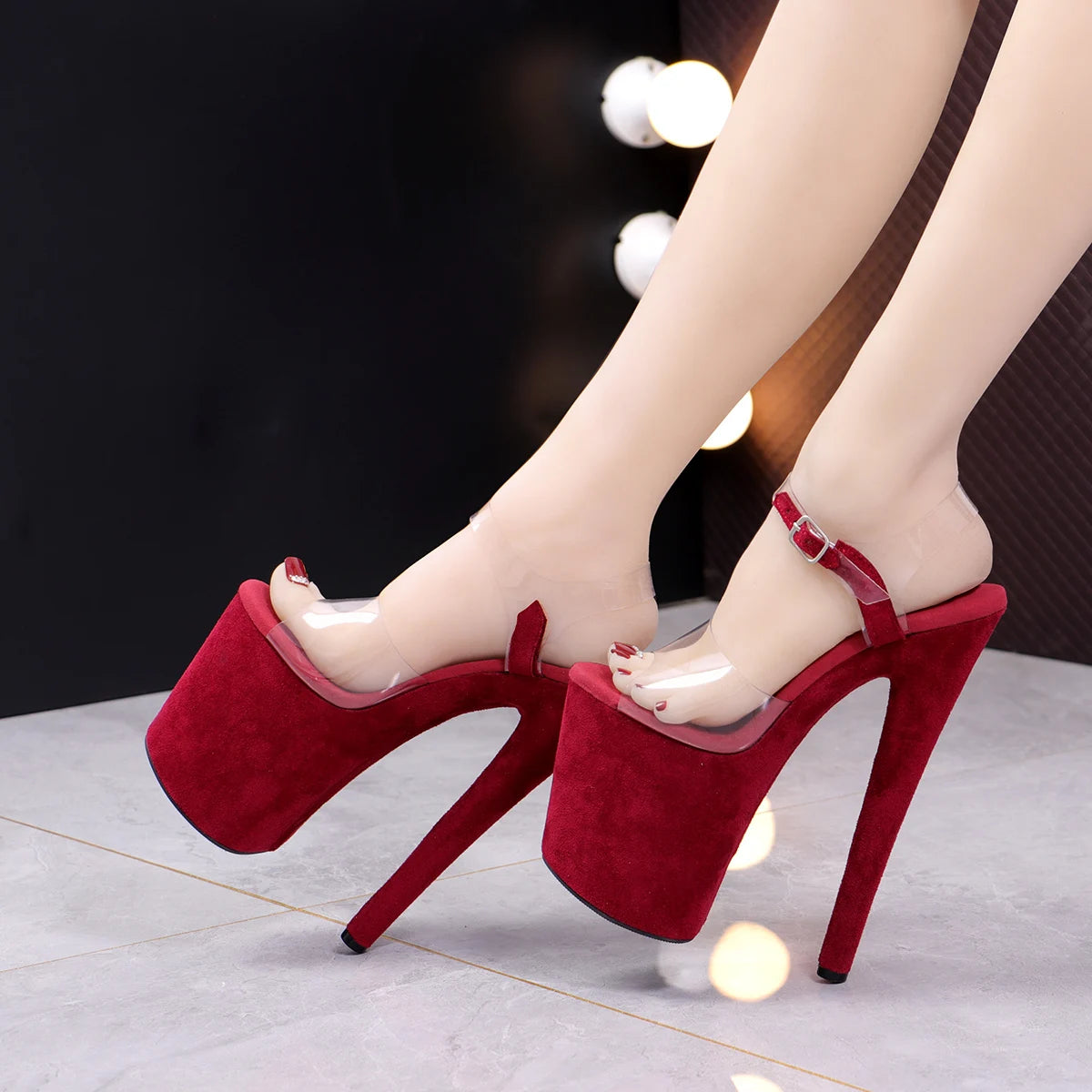 Model ElegantPole Dance 20cm Party Sandals 8 Inch Sexy Fetish Open Toe Stiletto Heel Red Flock Nightclub Model Elegant