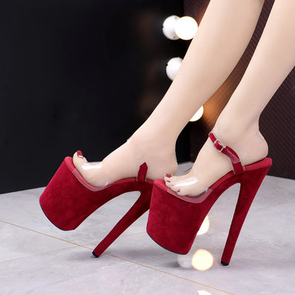 Model ElegantPole Dance 20cm Party Sandals 8 Inch Sexy Fetish Open Toe Stiletto Heel Red Flock Nightclub Model Elegant