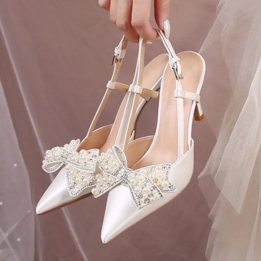 Detachable Wedding Shoes Zapatos Mujer Saltos Bow  Lace up Strappy Ankle Pearl Strap  White Wedding Heels for Bride