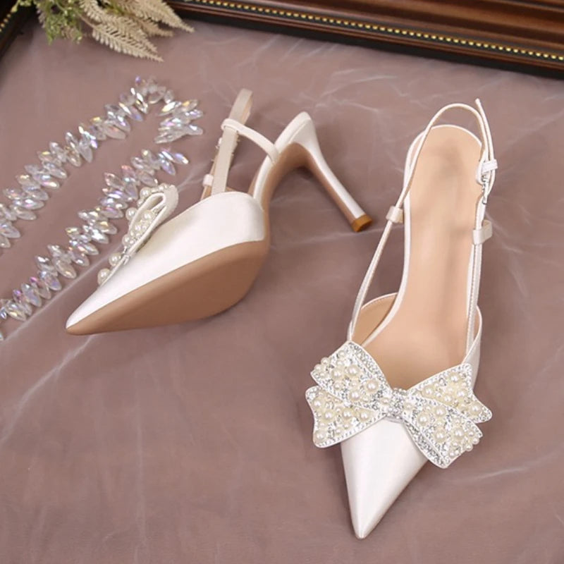 Detachable Wedding Shoes Zapatos Mujer Saltos Bow  Lace up Strappy Ankle Pearl Strap  White Wedding Heels for Bride