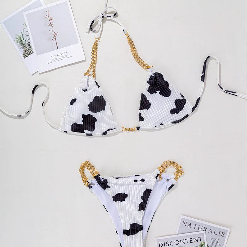 Sexy Halter Bikini Cow Print Female Swimsuit Women Swimwear 2 pieces Bikini Set Metal Chain Bather Bathing Suit Swim Lady Beach
