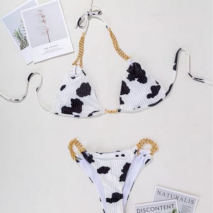 Sexy Halter Bikini Cow Print Female Swimsuit Women Swimwear 2 pieces Bikini Set Metal Chain Bather Bathing Suit Swim Lady Beach
