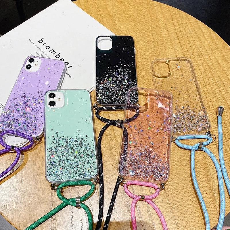 Luxury Bling Glitter Lanyard Silicone Phone Case For iPhone 17 16 15 14 13 12 11 Pro XS Max Plus Ultra-thin Necklace Rope Cover