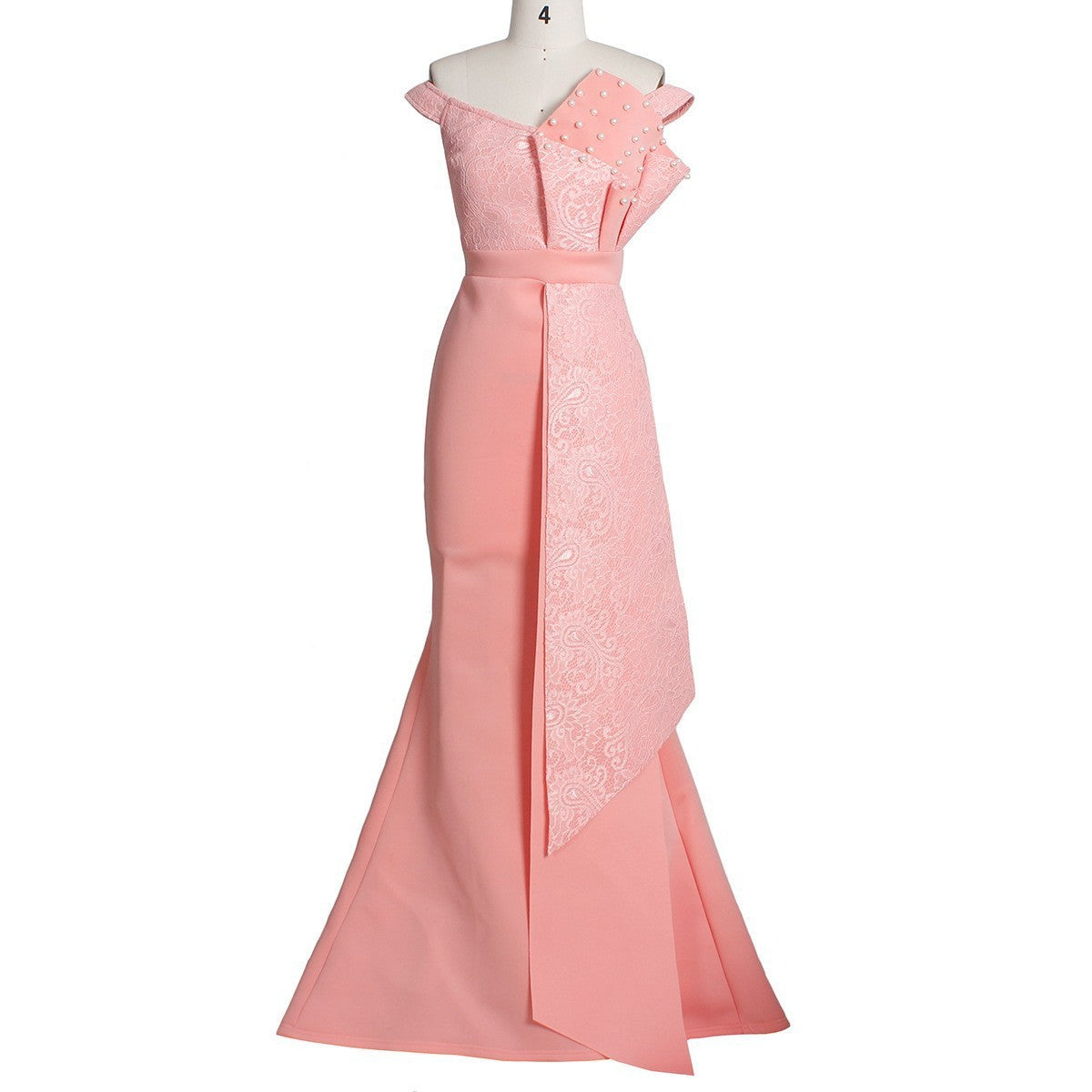 2025 Spring and Summer New Cross-Border Ins Asymmetrical Lace One-Line Collar Handmade Lotus Leaf Beading Slim Dress