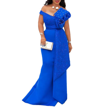 2025 Spring and Summer New Cross-Border Ins Asymmetrical Lace One-Line Collar Handmade Lotus Leaf Beading Slim Dress