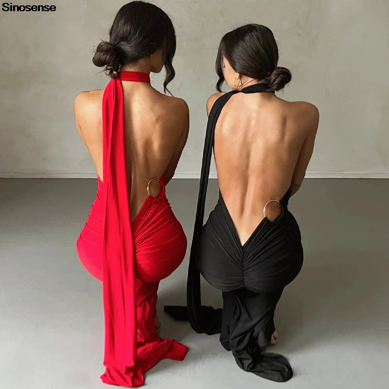 Womens Elegant Evening Party Cocktail Long Dress Sexy Backless Open Back Ruched Slim Bodycon Formal Wedding Guest Maxi Dress