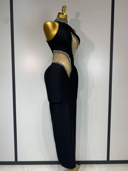 Women Sexy Rhinestone Black Sleeveless Mesh Patchwork New Arrival Stretch Bodycon Bandage Party Dresses Elegant Birthday Dress