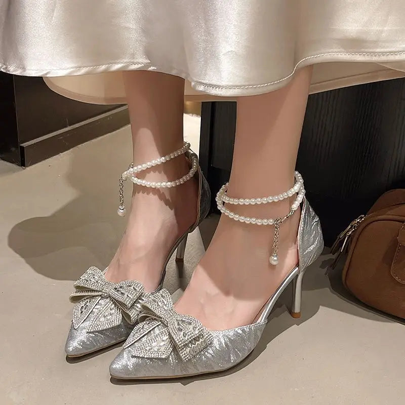 Temperament Bow High Heels Women Summer New Pointed Toe Shallow Mouth Rhinestone Bow Beaded Non-slip Stiletto Sandals