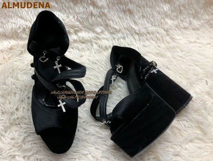 ALMUDENA Black Satin Fabric Strange Block heel Sandals Pink Velvet Pearl Chain Platform Chunky Heels Wedding Pumps Jewelry