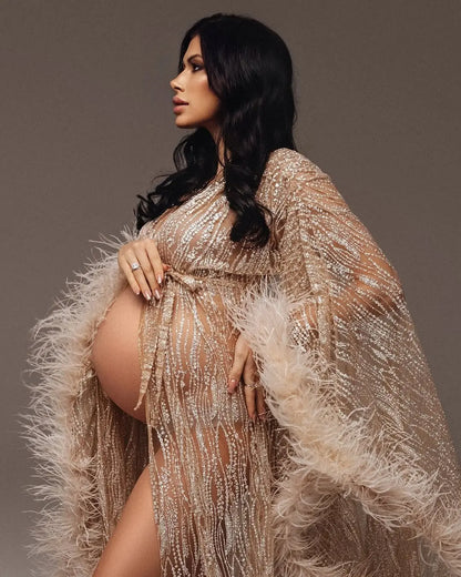 Sparkle Sequins Lace Maternity Dresses Photoshoot платье для беременных Feathers Maternity Robe Cape Pregnancy Dress Shoot Props
