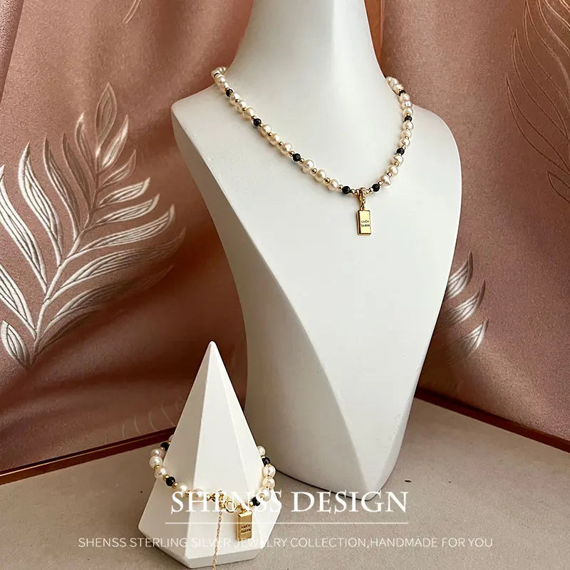 Classic Temperament Natural 5-6mm Freshwater Pearl Necklace Bracelet For Women  Copper Plated 14k Gold Accessories