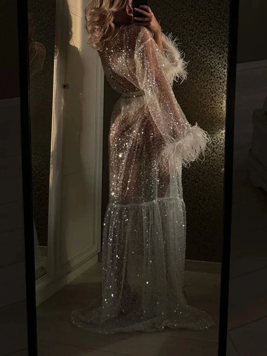 Women's Sequins Nightdress Feather Patchwork Long Sleeve Tulle Night Dress Kimono Robe Sleepwear Plush Cuff  Bikini Cover up