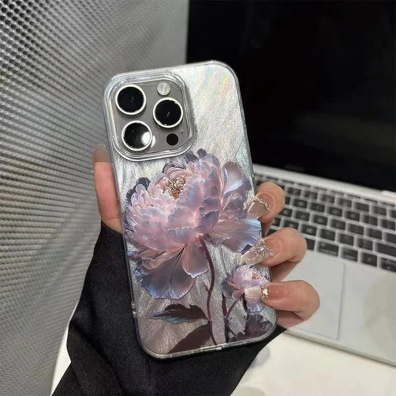 Beautiful Flowers Phone Case For iPhone 16 Pro Max 15 14 13 12 11 Pro XR XS 7 8 Plus Shockproof Feather Chiffon Texture Cover﻿
